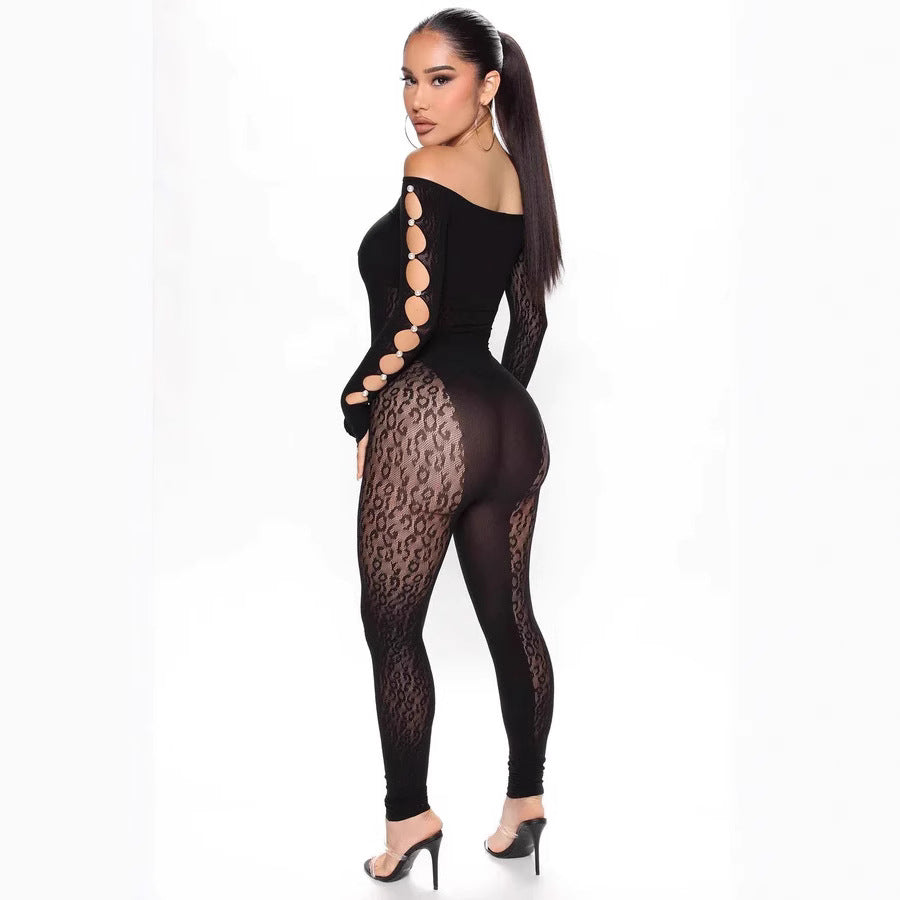 Womens Leopard-Print Off-Shoulder High-Waist Tight Plus-Size Yoga Pants Seamless Jumpsuit For Women DC-Beyond Borders Collective