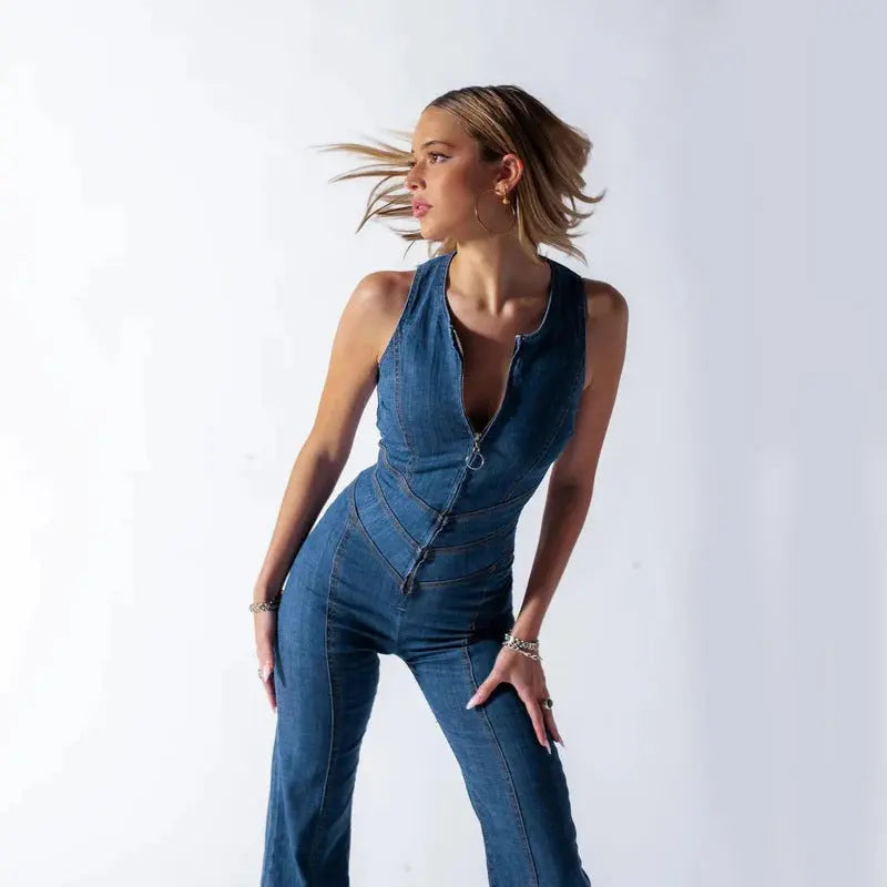 Summer Slim Heart-shape Backless Denim Jumpsuit Women Halter Neck Zip Up High Waist Panst Retro Style Clothing RightOn68