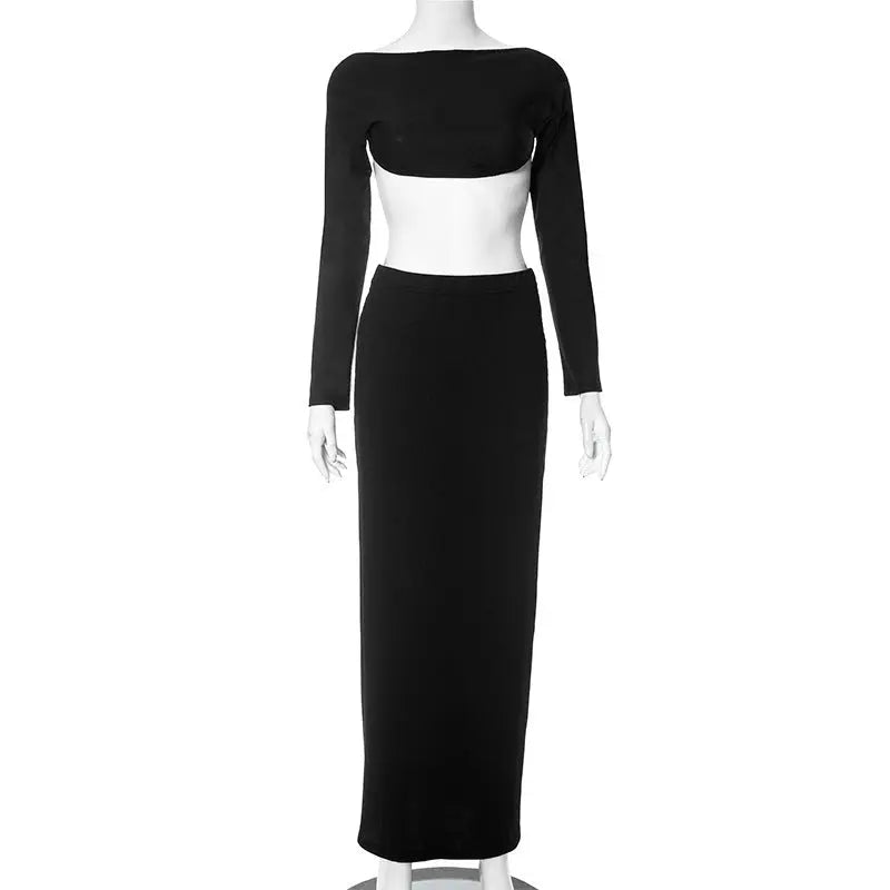 Women's Clothing Autumn Casual Long Sleeves Top Backless Slim Fit Long Skirt Suit DC-Beyond Borders Collective