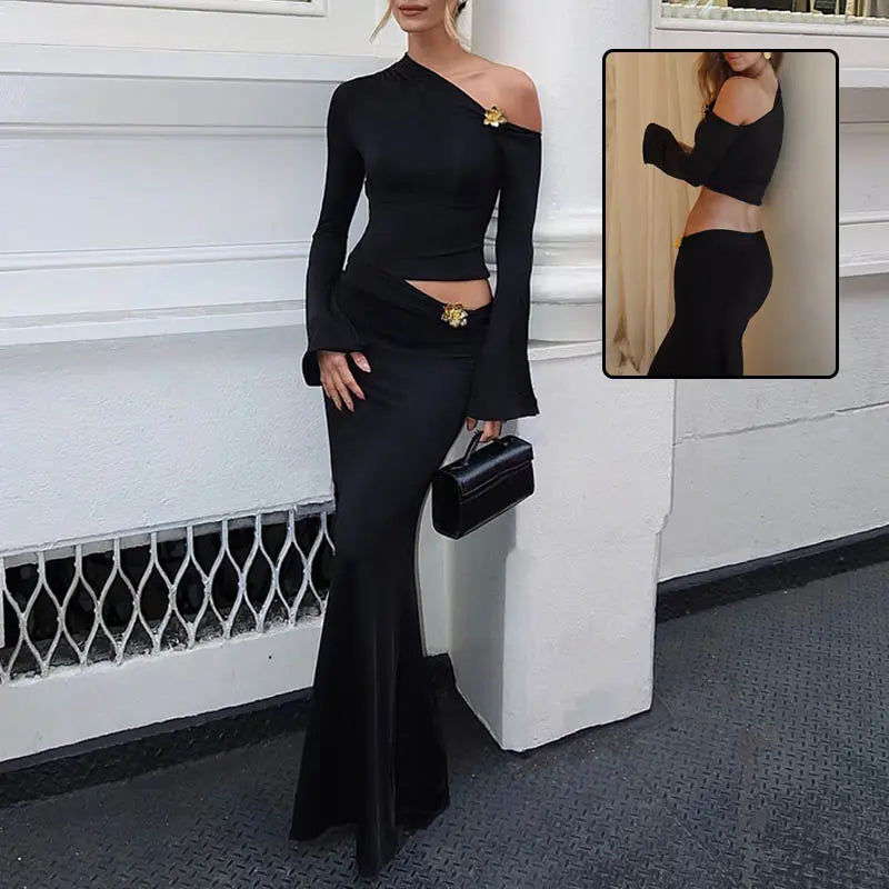 Sexy Slim Oblique Shoulder Skirt Suit With Flower Fashion Bell Sleeve Long Sleeve Top And High Waist Long Skirt Women Clothing DC-Beyond Borders Collective