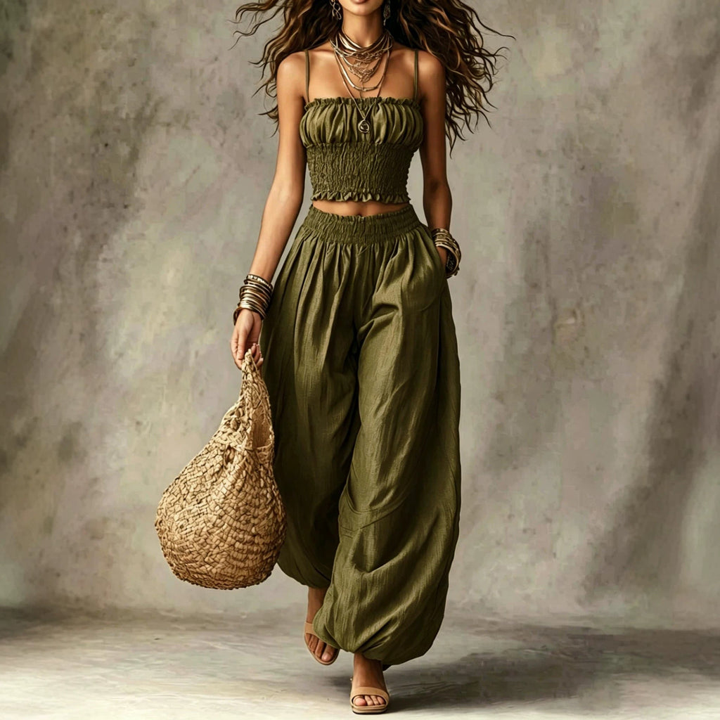 Elegant Strapless Cropped Camisole Paired With Lantern Pants Set DC-Beyond Borders Collective