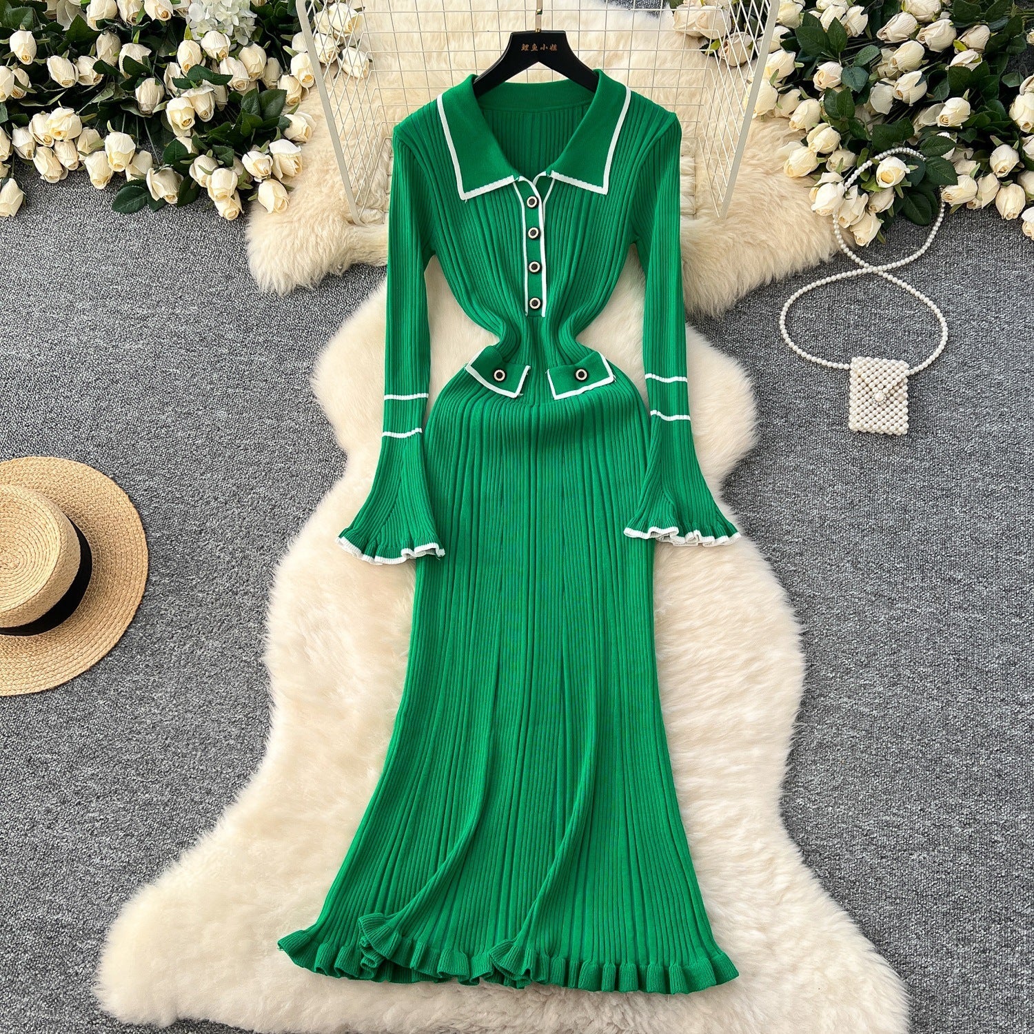 AutumnWinter Sophisticated Chanel-style Belted-peak-collar Dress With Flared Sleeves A Figure-flattering Knit Bodycon Style DC-Beyond Borders Collective