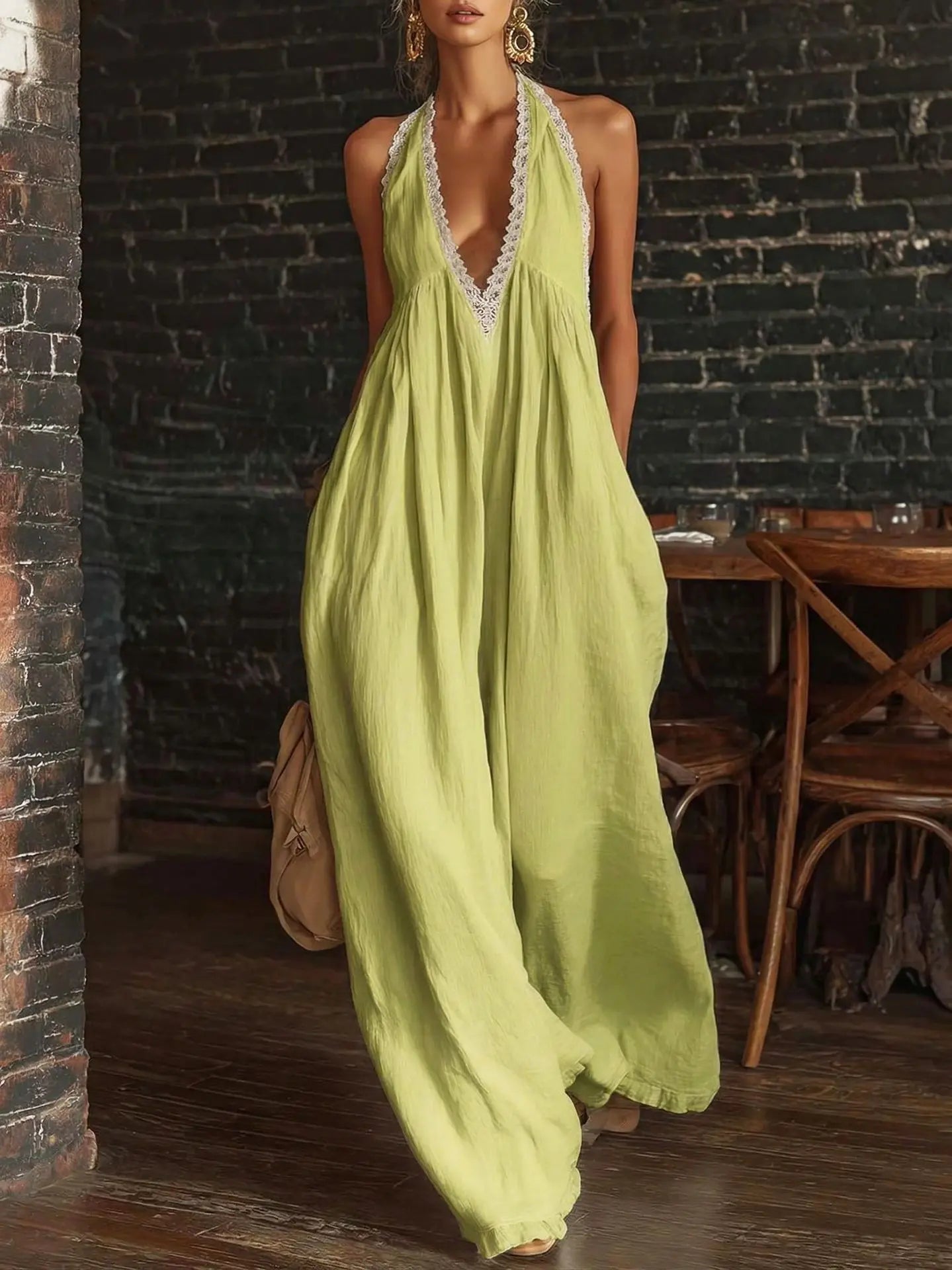 Comfortable Lace-trimmed Loose Linen Jumpsuit DC-Beyond Borders Collective