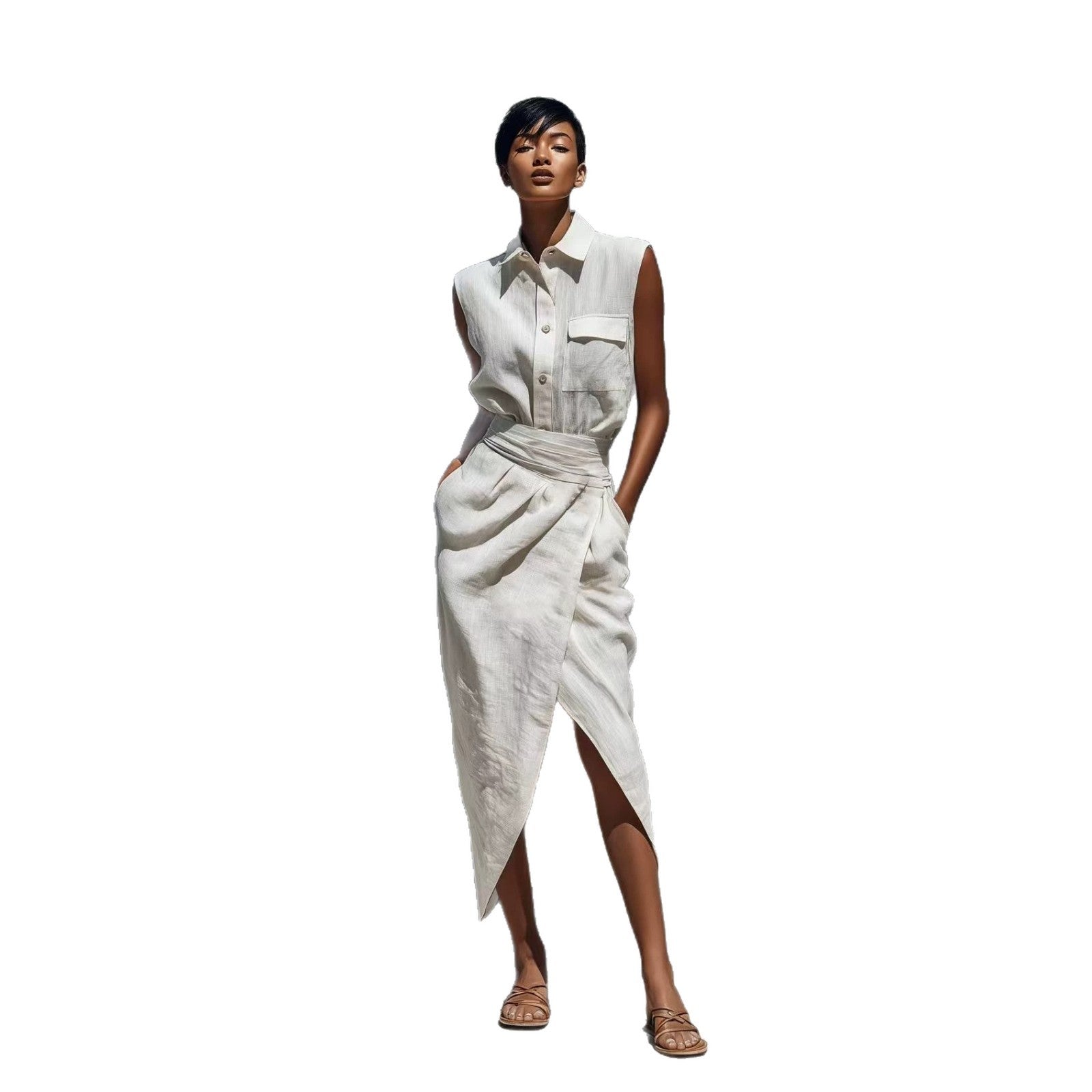 Sleeveless Lapel-button Pocket Shirt And Slit Skirt Set DC-Beyond Borders Collective