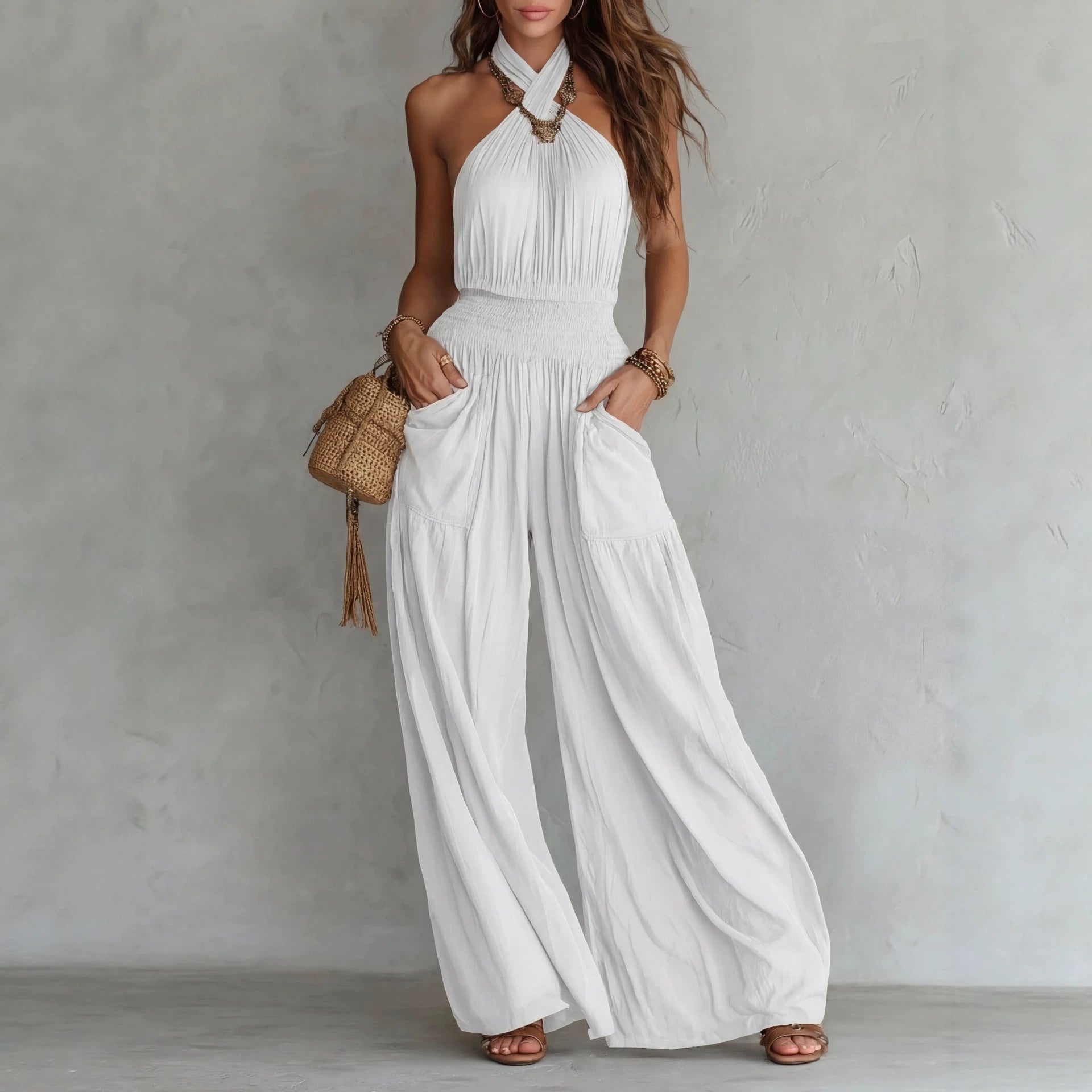 Womens Slim-fit Backless Sleeveless Wide-leg Jumpsuit DC-Beyond Borders Collective