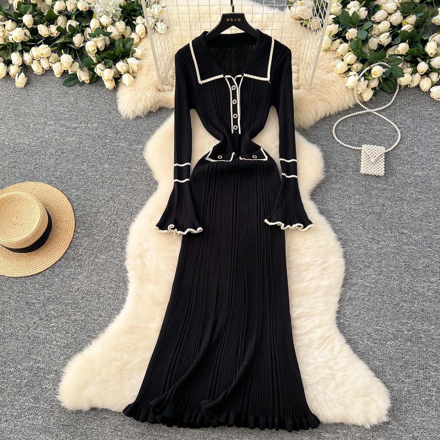 AutumnWinter Sophisticated Chanel-style Belted-peak-collar Dress With Flared Sleeves A Figure-flattering Knit Bodycon Style DC-Beyond Borders Collective