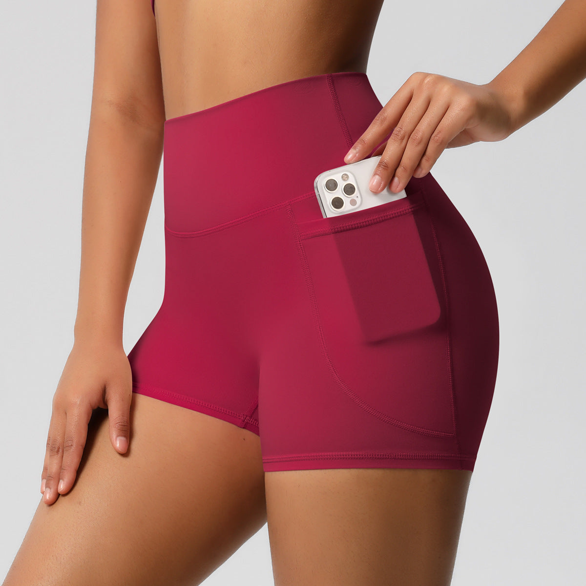 Brushed Solid Color Pocket High Waist Tight High Elastic Yoga Shorts DC-Beyond Borders Collective