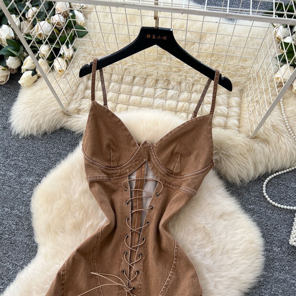 Niche-design Hollow-out Strap-waistband Denim Jumpsuit DC-Beyond Borders Collective