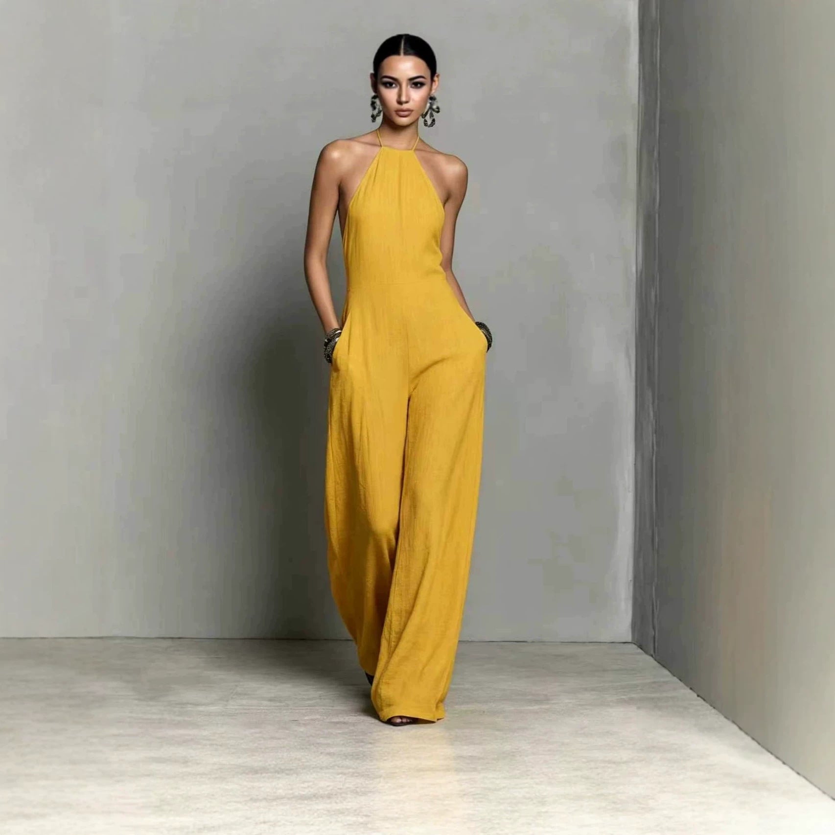 European And American Resort-style White Pleated Backless Wide-leg Jumpsuit DC-Beyond Borders Collective