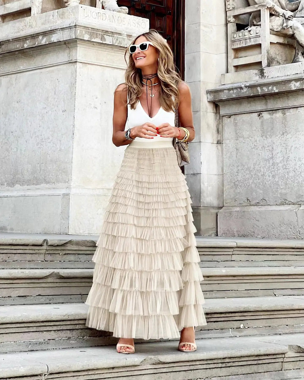 Layered Ruffles Cake Skirt Summer Fashion A Line Swing Mesh Long Skirt Party Dress Women RightOn68