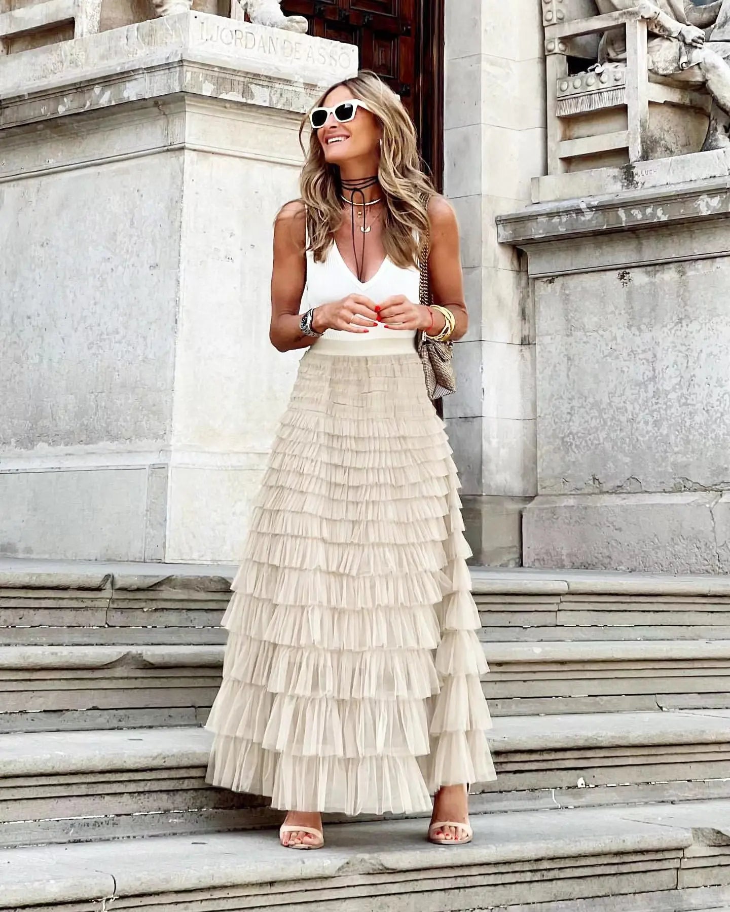 Layered Ruffles Cake Skirt Summer Fashion A Line Swing Mesh Long Skirt Party Dress Women RightOn68
