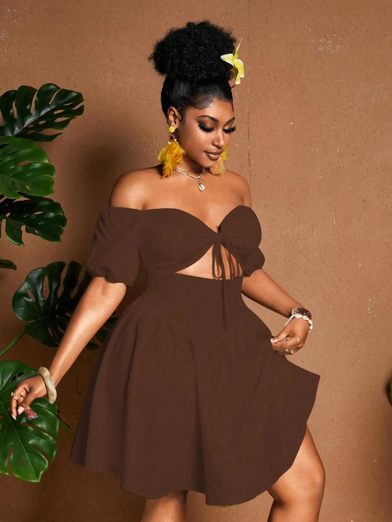 Womens Solid-color Plus-size Off-shoulder Midriff-baring Puff-sleeve Dress DC-Beyond Borders Collective