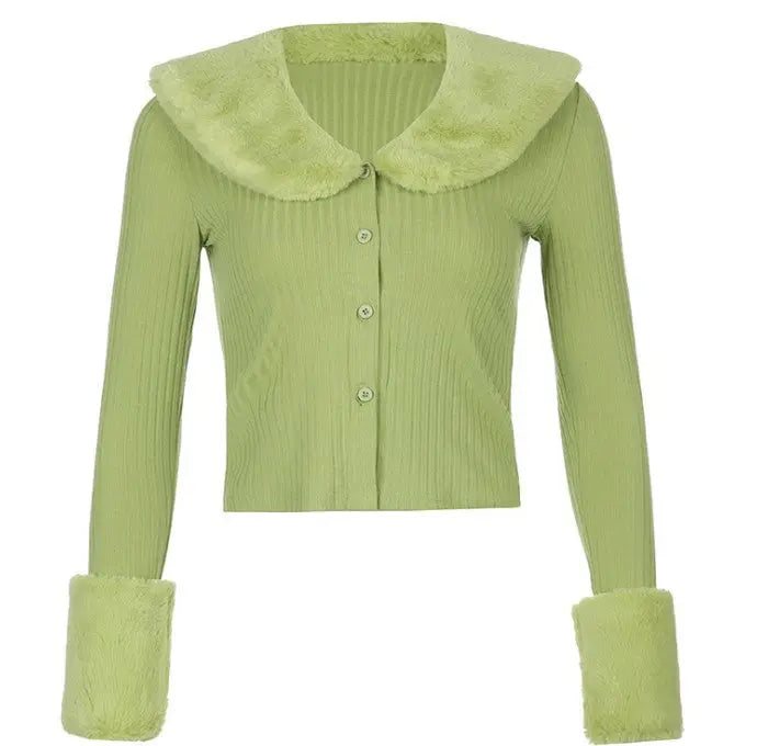 Furry Collar Knitted Cardigan - Long Sweater with Fur Trim RightOn68