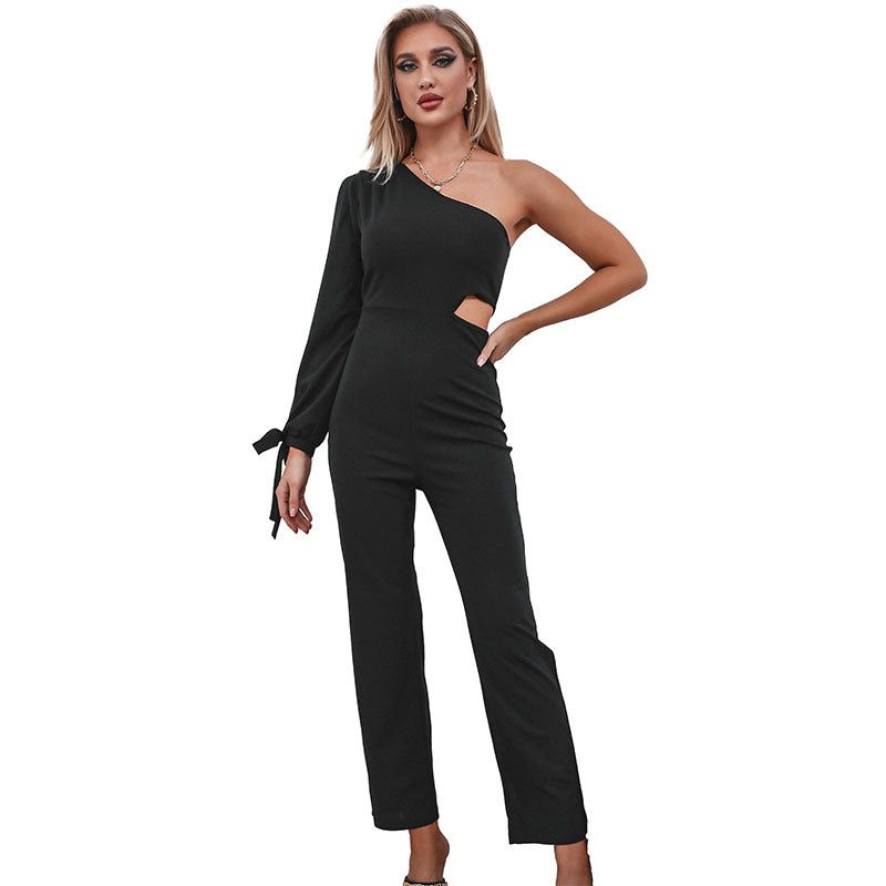 High-waisted One-shoulder Womens Slim-fit Solid-color Jumpsuit DC-Beyond Borders Collective