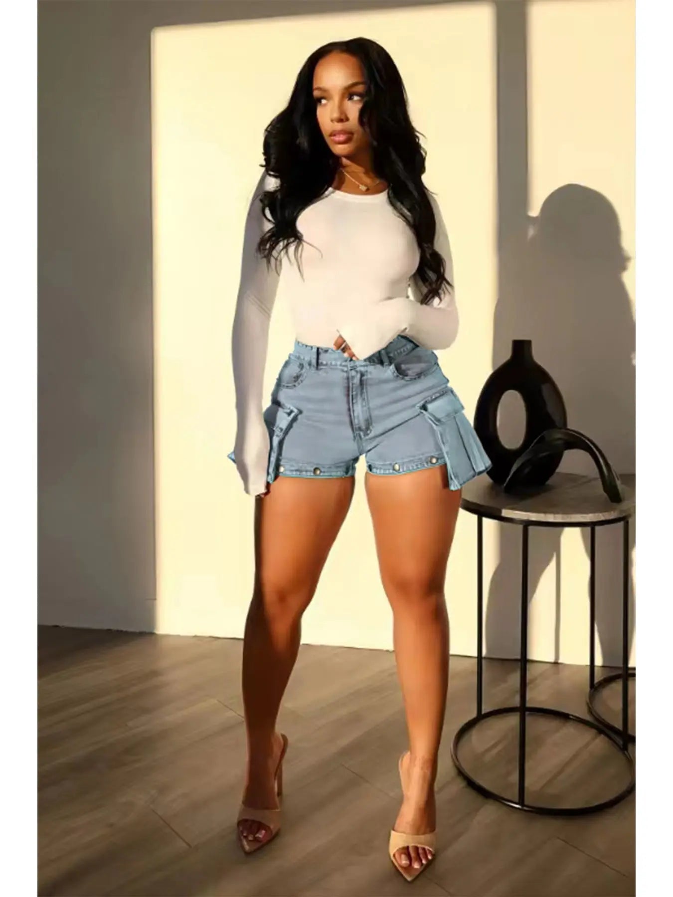 Women's Detachable Hanging Bag And Pants Stretch Denim Wear Shorts Trousers RightOn68