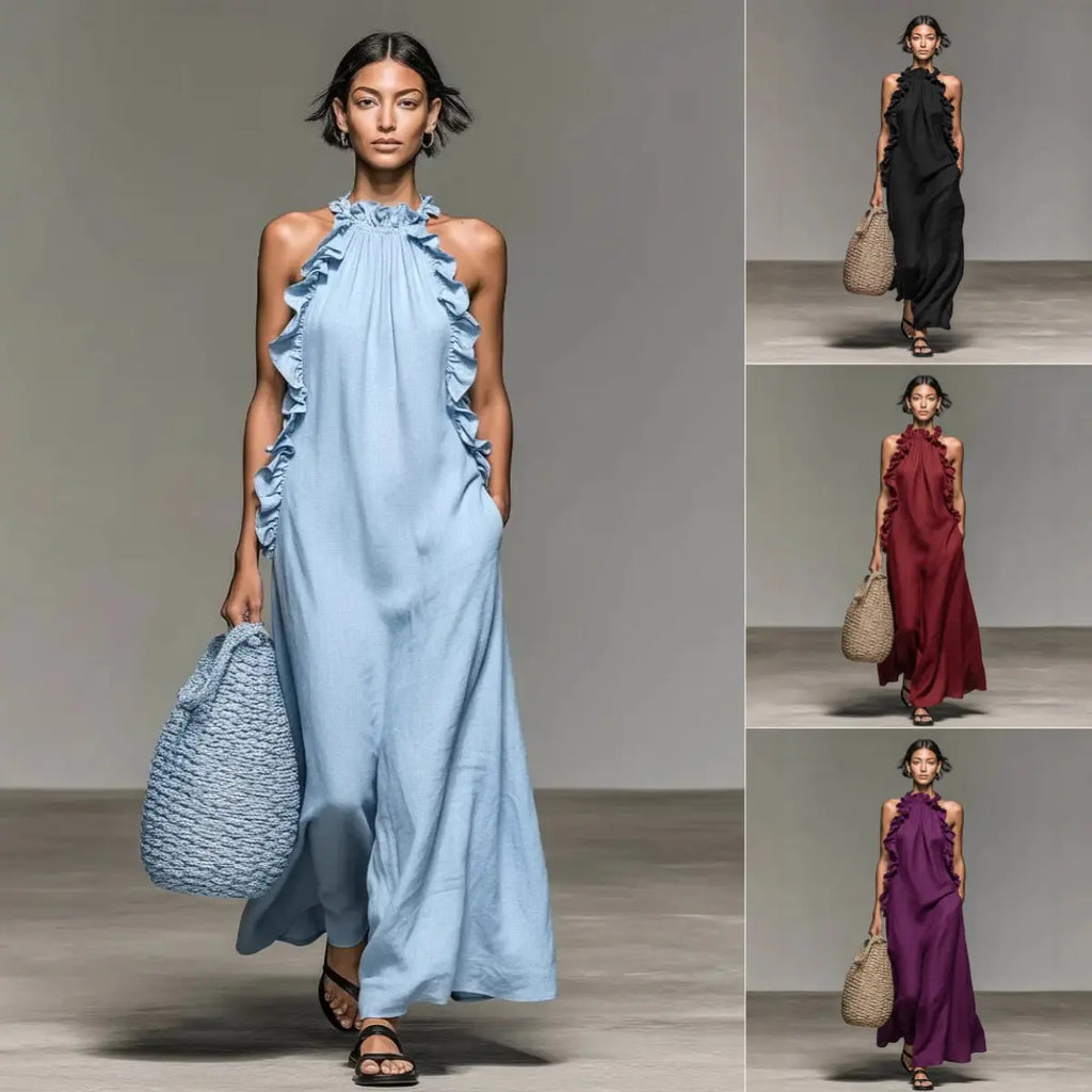 Resort Style Ruffled Halter Neck Sleeveless Maxi Dress - Loose Fit Flattering Flowy Skirt For Party Evening Gown DC-Beyond Borders Collective