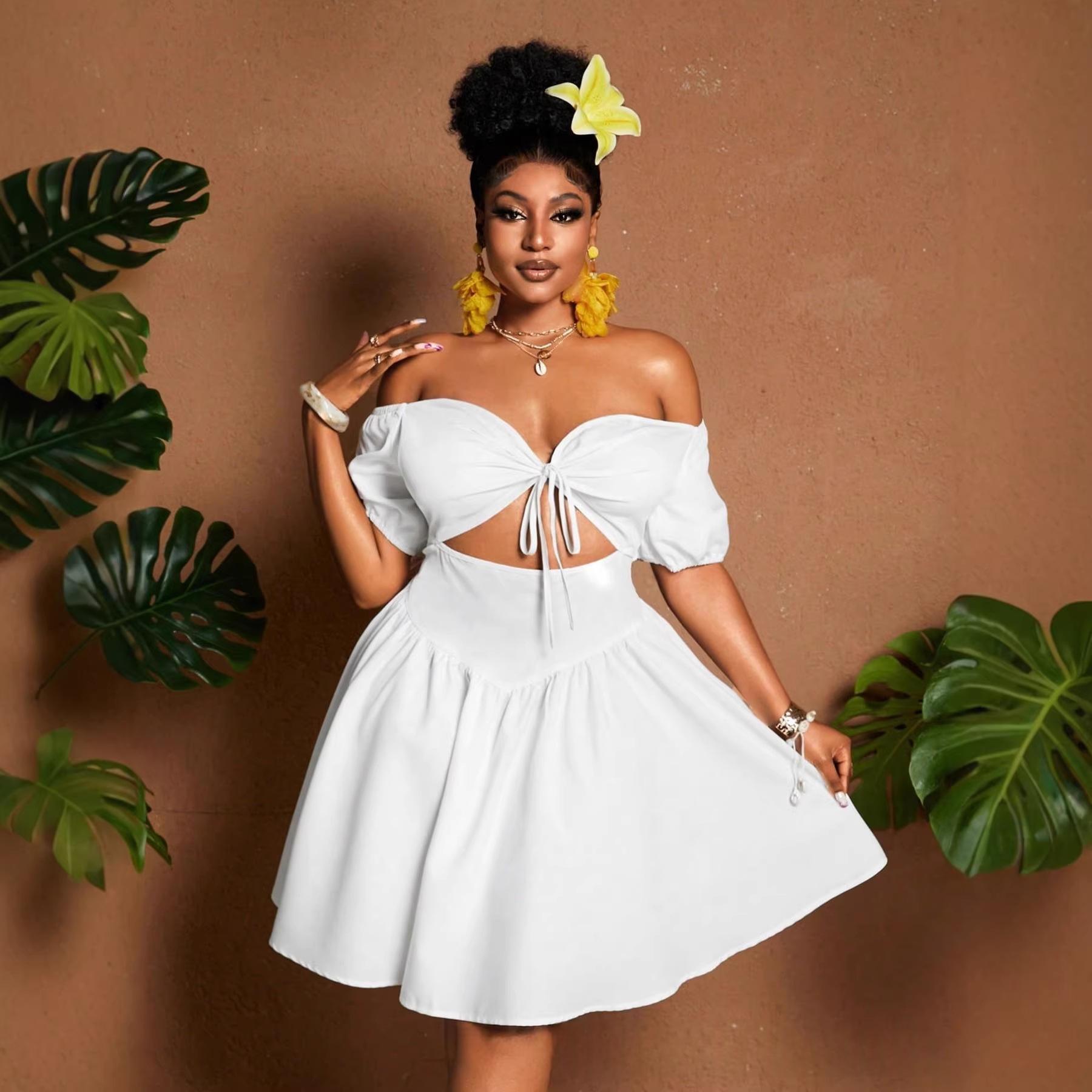 Womens Solid-color Plus-size Off-shoulder Midriff-baring Puff-sleeve Dress DC-Beyond Borders Collective