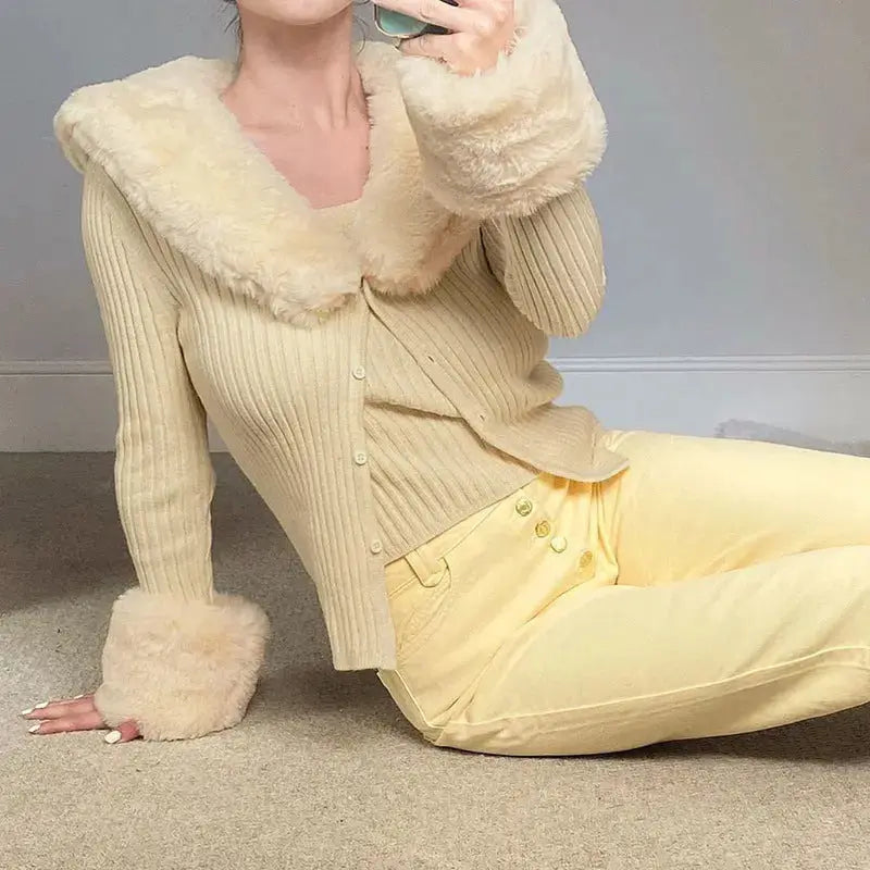 Furry Collar Knitted Cardigan - Long Sweater with Fur Trim RightOn68