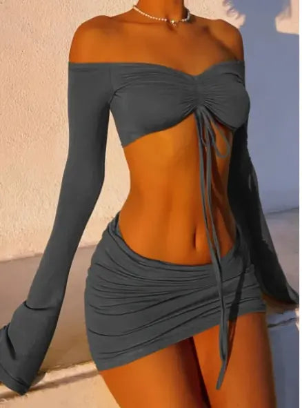 Drawstring Drop Ruched Off Shoulder Two-piece Skirt Set Y2K Long Sleeve Top & Bodycon Skirt Outfits Women's Clothing DC-Beyond Borders Collective