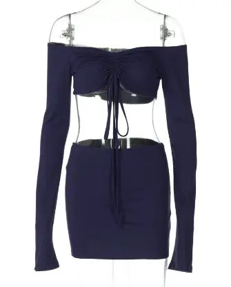 Drawstring Drop Ruched Off Shoulder Two-piece Skirt Set Y2K Long Sleeve Top & Bodycon Skirt Outfits Women's Clothing DC-Beyond Borders Collective