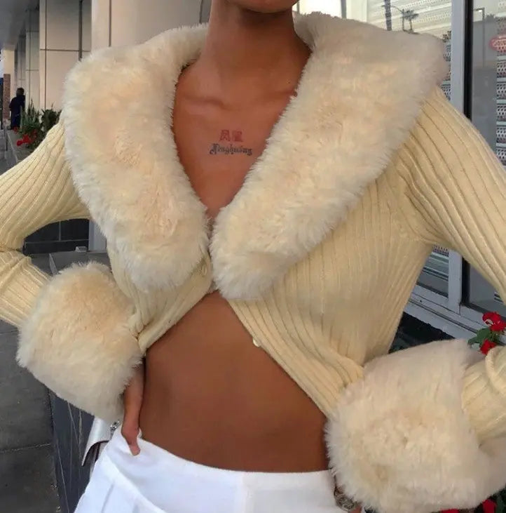 Furry Collar Knitted Cardigan - Long Sweater with Fur Trim RightOn68