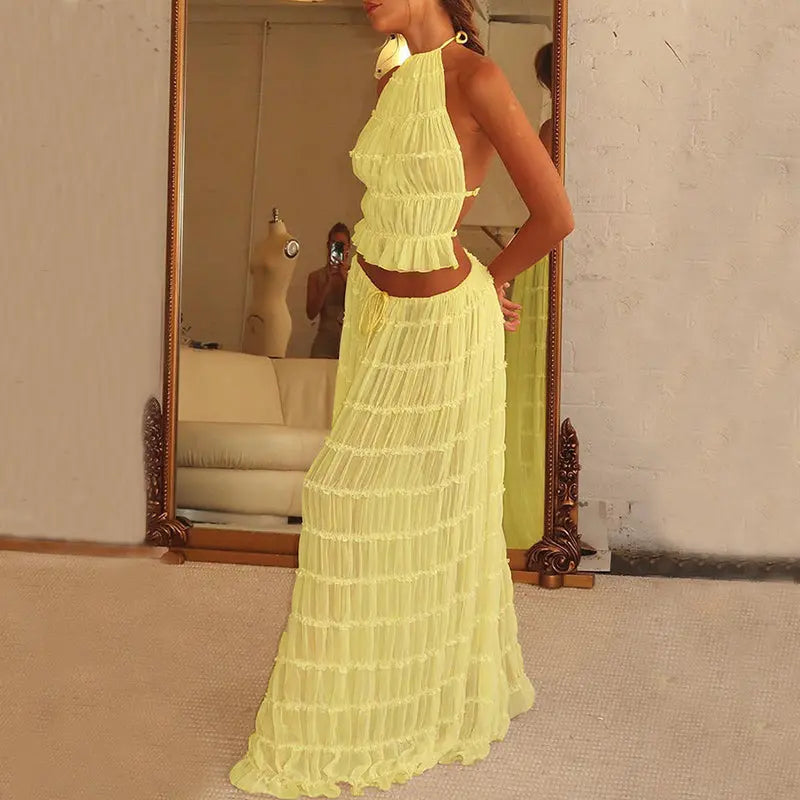 2pcs Women's Dress Suit Sexy Sleeveless Backless Cropped Halter Top And Pleated Long Skirt Beach Clothing DC-Beyond Borders Collective