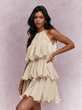 Strapless Sleeveless Sheer Dress With Ruffled Hem And Elegant Design RightOn68