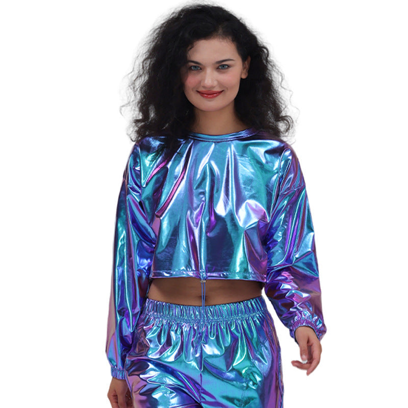 Long Sleeve Round Neck Drawstring Embossed Shiny Leather Sweatshirt DC-Beyond Borders Collective