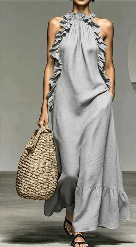Resort Style Ruffled Halter Neck Sleeveless Maxi Dress - Loose Fit Flattering Flowy Skirt For Party Evening Gown DC-Beyond Borders Collective