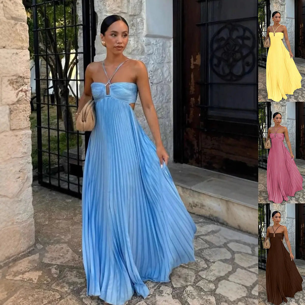 Ins Pleated Sleeveless Sling Dress Hollow High Waist Halter Robe Dresses For Evening Party Club Clothing Women DC-Beyond Borders Collective