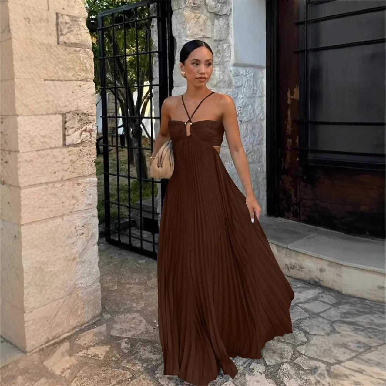 Ins Pleated Sleeveless Sling Dress Hollow High Waist Halter Robe Dresses For Evening Party Club Clothing Women DC-Beyond Borders Collective