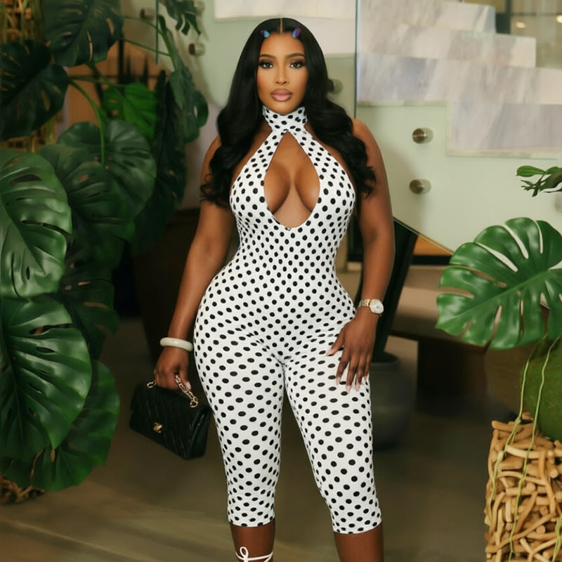 Womens Sexy Polka-dot Halterneck Three-quarter-length Jumpsuit DC-Beyond Borders Collective