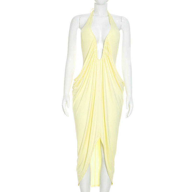 Womens SummerAutumn New Arrival Solid-Color Sexy Halter Deep-V Backless Dress DC-Beyond Borders Collective