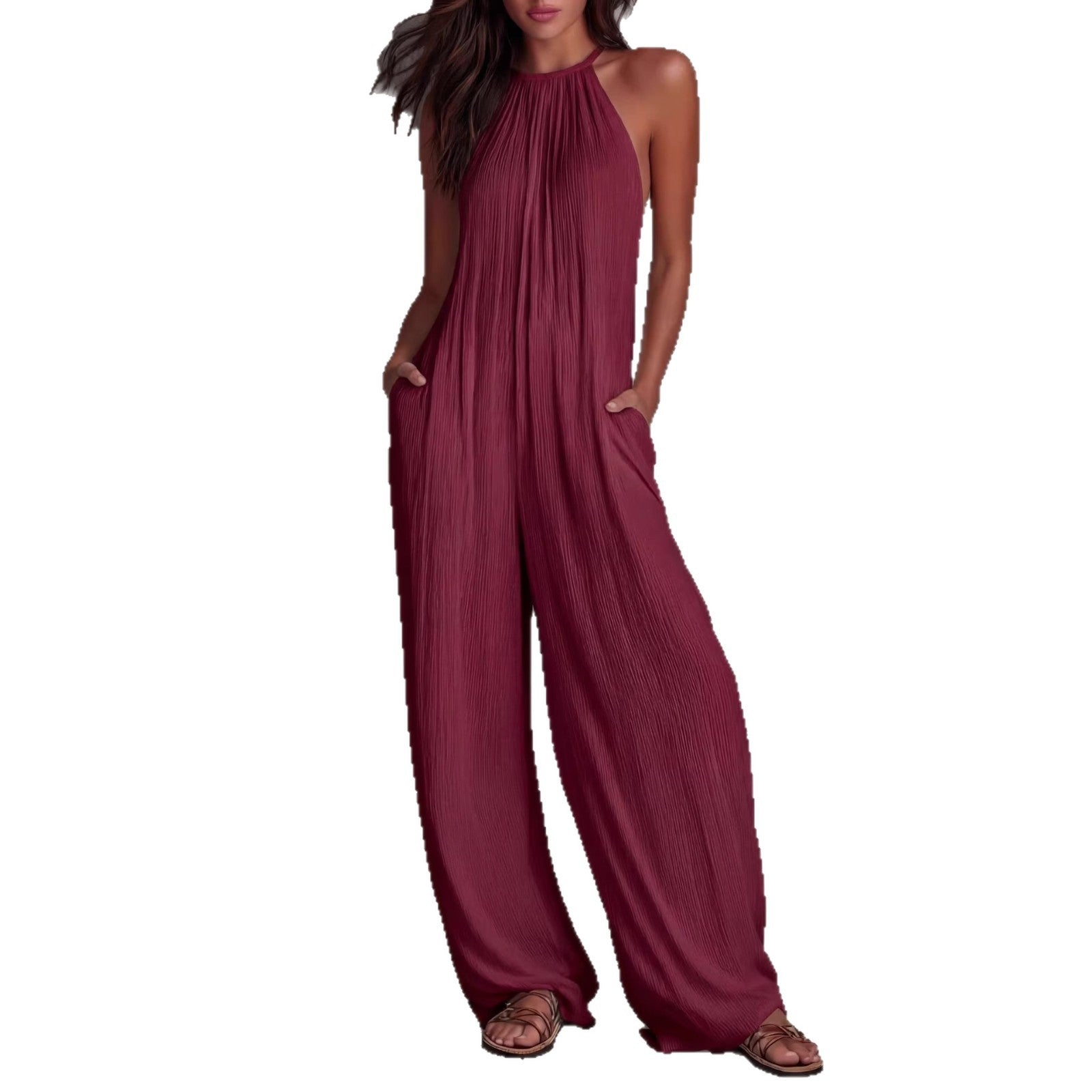 Resort-style White Pleated Open-back Wide-leg Jumpsuit DC-Beyond Borders Collective