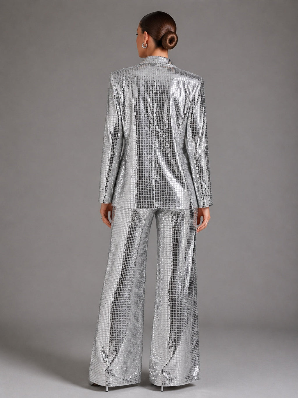 Silver Square Sequin Peak Lapel Blazer & High Waist Full Flare Trousers 2-Piece Party Suit DC-Beyond Borders Collective