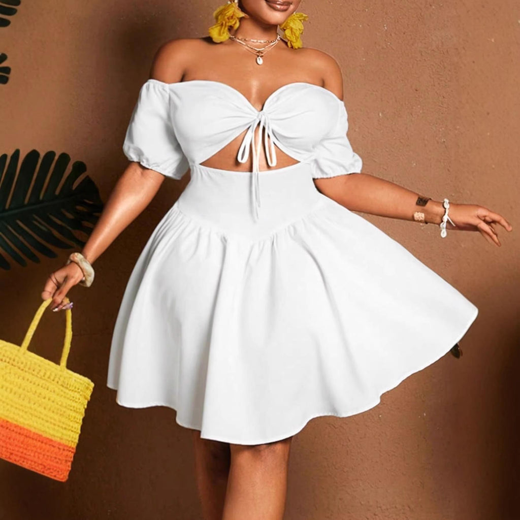 Womens Solid-color Plus-size Off-shoulder Midriff-baring Puff-sleeve Dress DC-Beyond Borders Collective