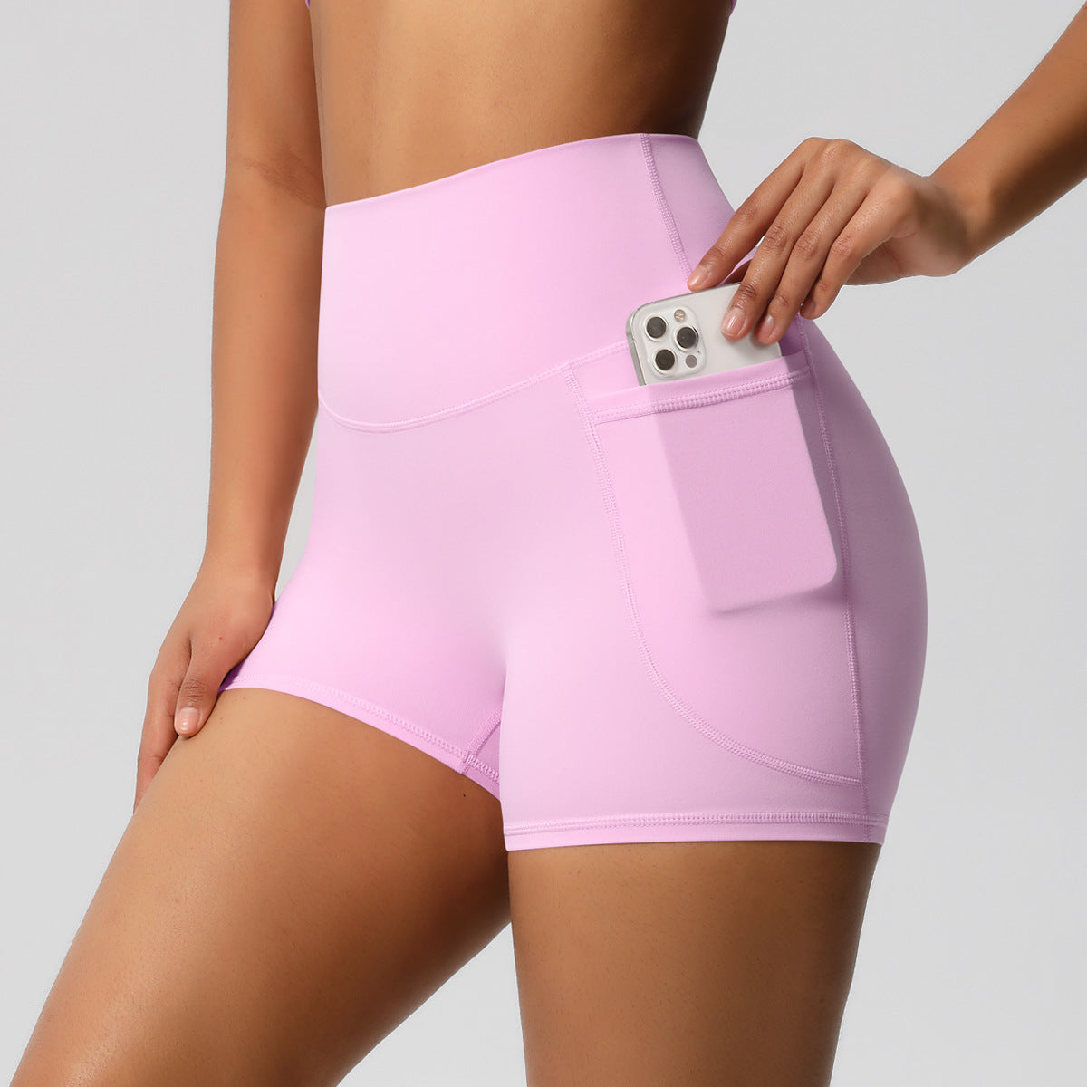 Brushed Solid Color Pocket High Waist Tight High Elastic Yoga Shorts DC-Beyond Borders Collective