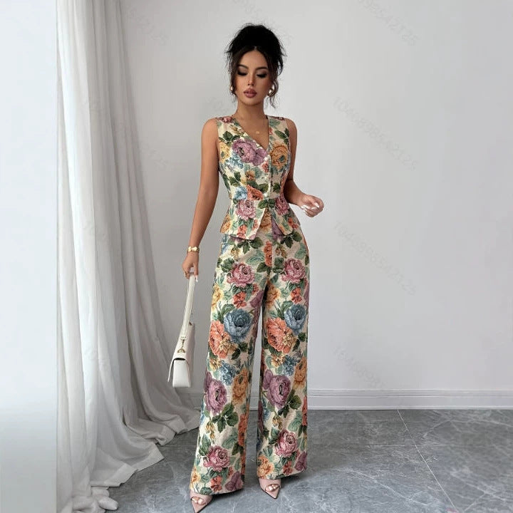 Womens Printed Waist-Cinching Sleeveless Vest Top High-Waisted Wide-Leg Pants Two-Piece Set DC-Beyond Borders Collective