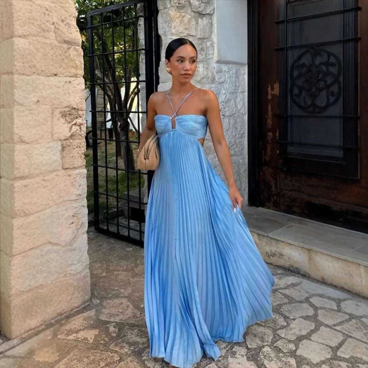 Ins Pleated Sleeveless Sling Dress Hollow High Waist Halter Robe Dresses For Evening Party Club Clothing Women DC-Beyond Borders Collective