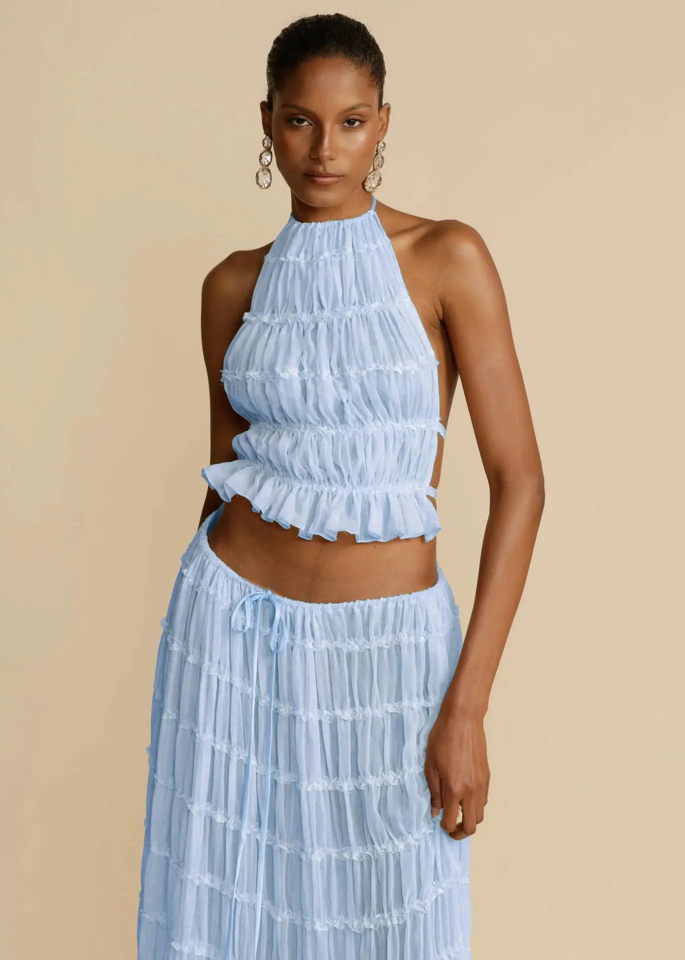 2pcs Women's Dress Suit Sexy Sleeveless Backless Cropped Halter Top And Pleated Long Skirt Beach Clothing DC-Beyond Borders Collective
