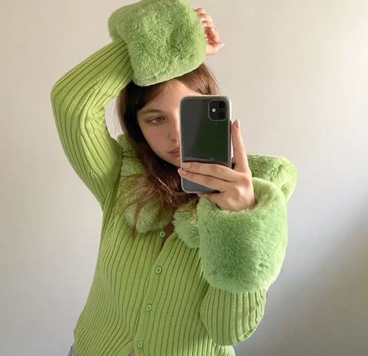 Furry Collar Knitted Cardigan - Long Sweater with Fur Trim RightOn68