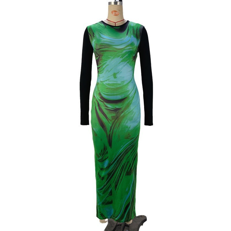 Round-neck Printed Long-sleeve Waist-cinching Sheath Dress DC-Beyond Borders Collective