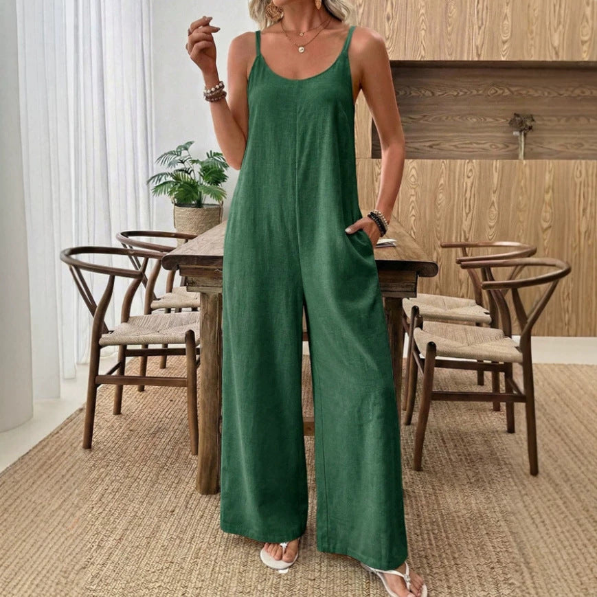 Womens Casual Resort-style Loose-fit Strap Solid-color Jumpsuit DC-Beyond Borders Collective
