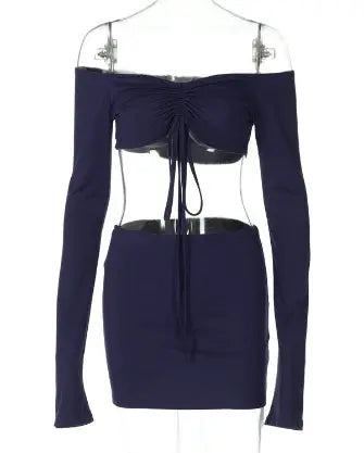 Drawstring Drop Ruched Off Shoulder Two-piece Skirt Set Y2K Long Sleeve Top & Bodycon Skirt Outfits Women's Clothing DC-Beyond Borders Collective