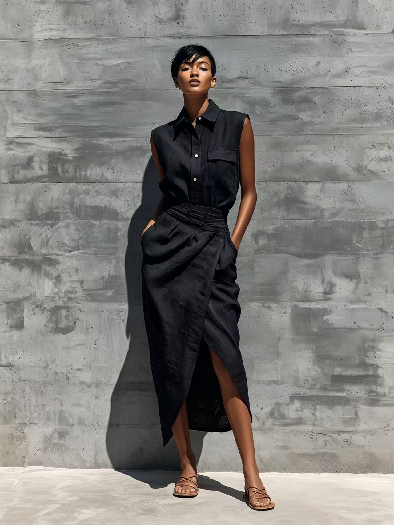 Sleeveless Lapel-button Pocket Shirt And Slit Skirt Set DC-Beyond Borders Collective