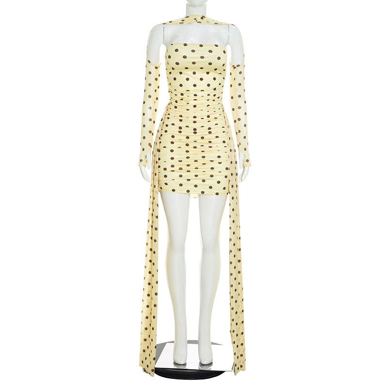 Polka-dot Halter-neck Dress With Flowing Ribbons Figure-flattering And Body-hugging DC-Beyond Borders Collective