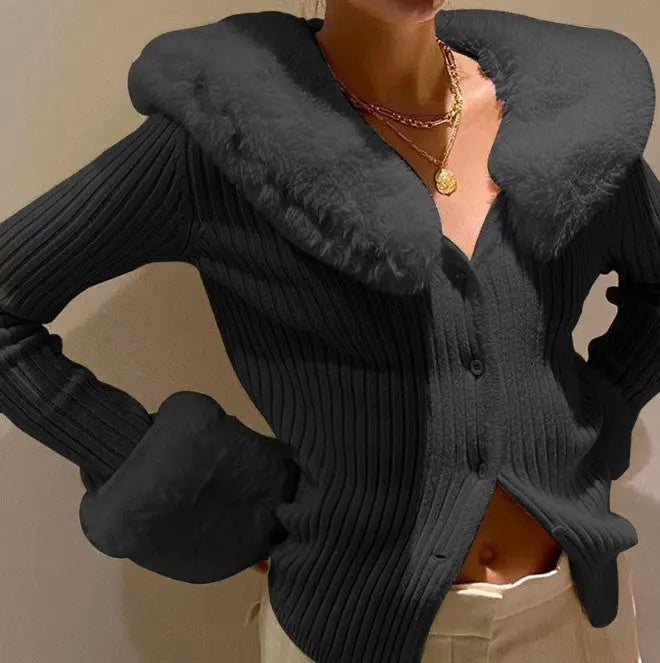 Furry Collar Knitted Cardigan - Long Sweater with Fur Trim RightOn68