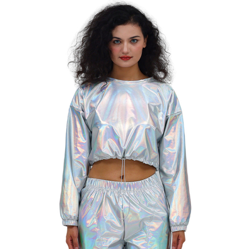Long Sleeve Round Neck Drawstring Embossed Shiny Leather Sweatshirt DC-Beyond Borders Collective