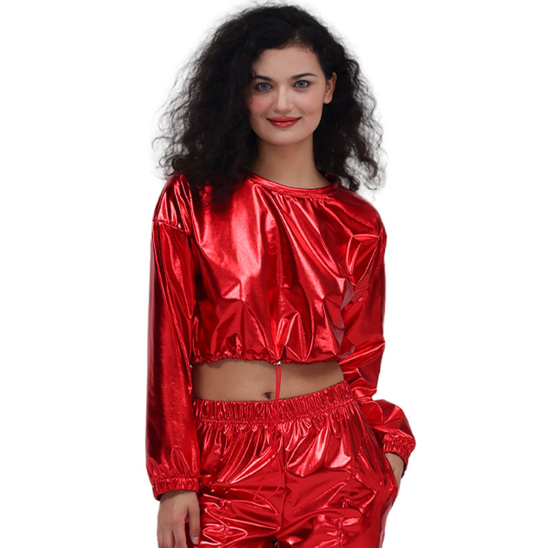 Long Sleeve Round Neck Drawstring Embossed Shiny Leather Sweatshirt DC-Beyond Borders Collective