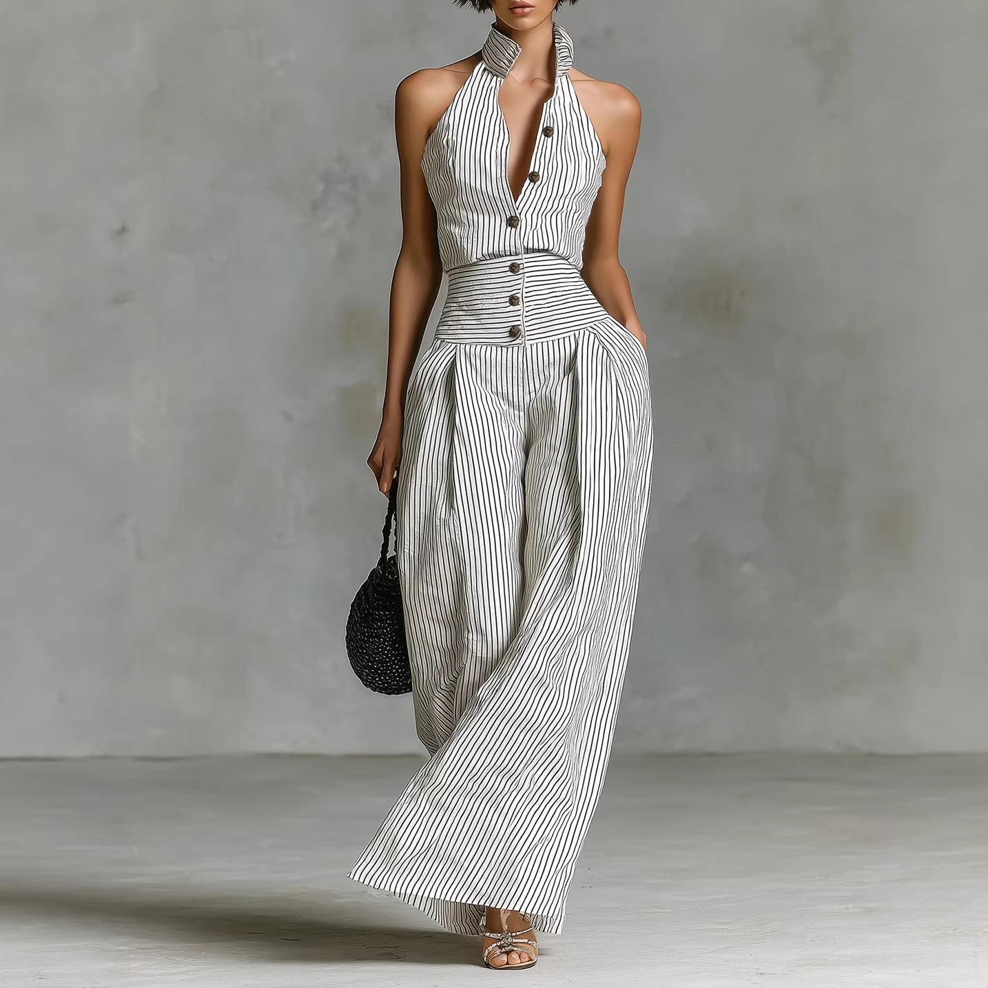 Button-front Sleeveless Shirt High-waisted Wide-leg Slim-fit Jumpsuit DC-Beyond Borders Collective